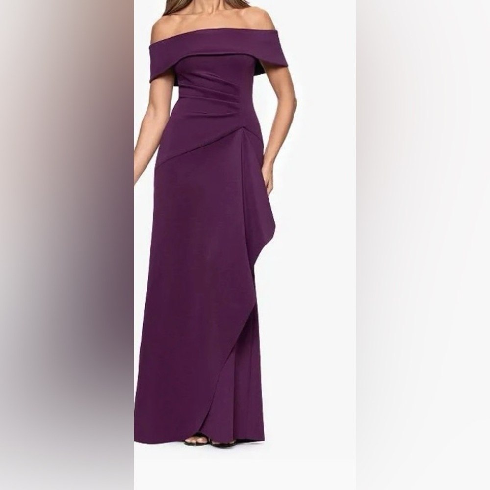 Xscape Purple Formal Chic Off-Shoulder Scuba Dress